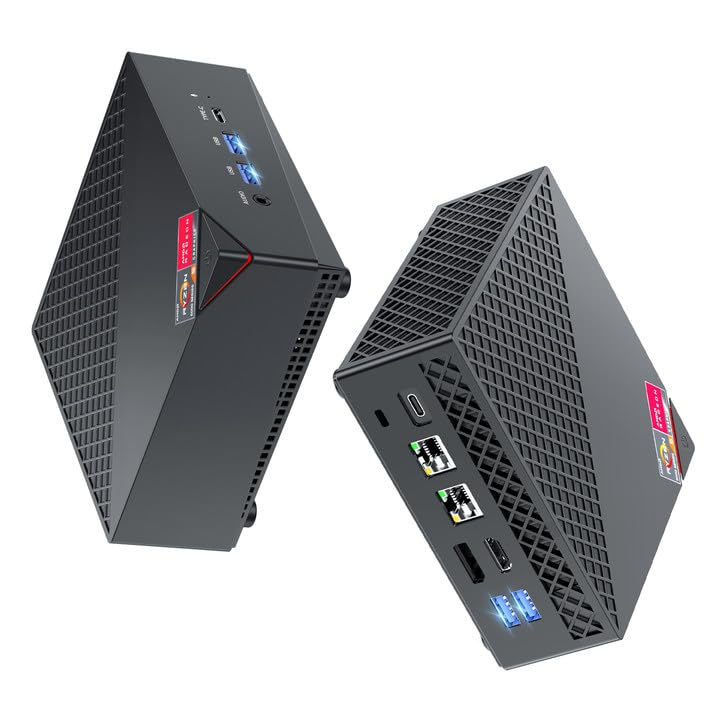 KAMRUI Mini PC with AMD Ryzen 7 5800U shown from two angles.