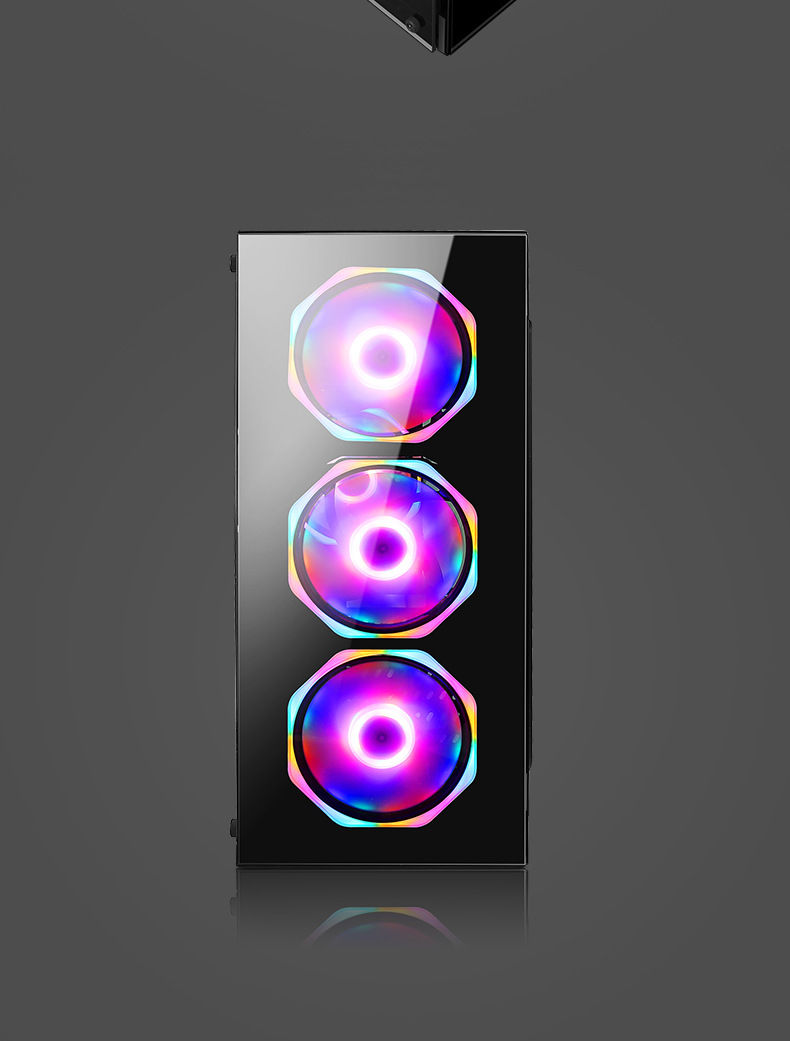 Front view of a PC case with three glowing RGB fans