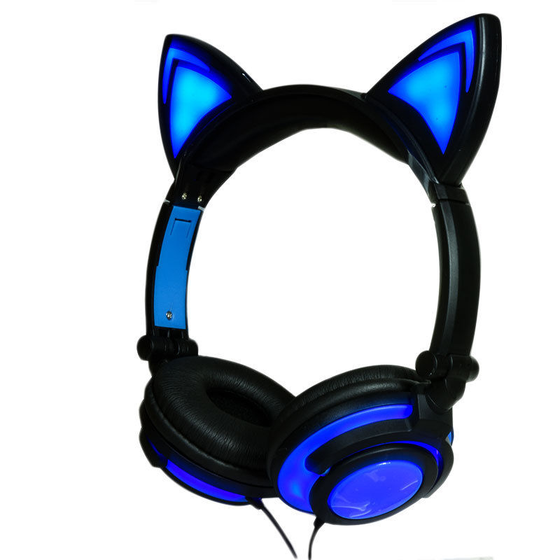 Black cat ear headphones with blue glowing LED lights.