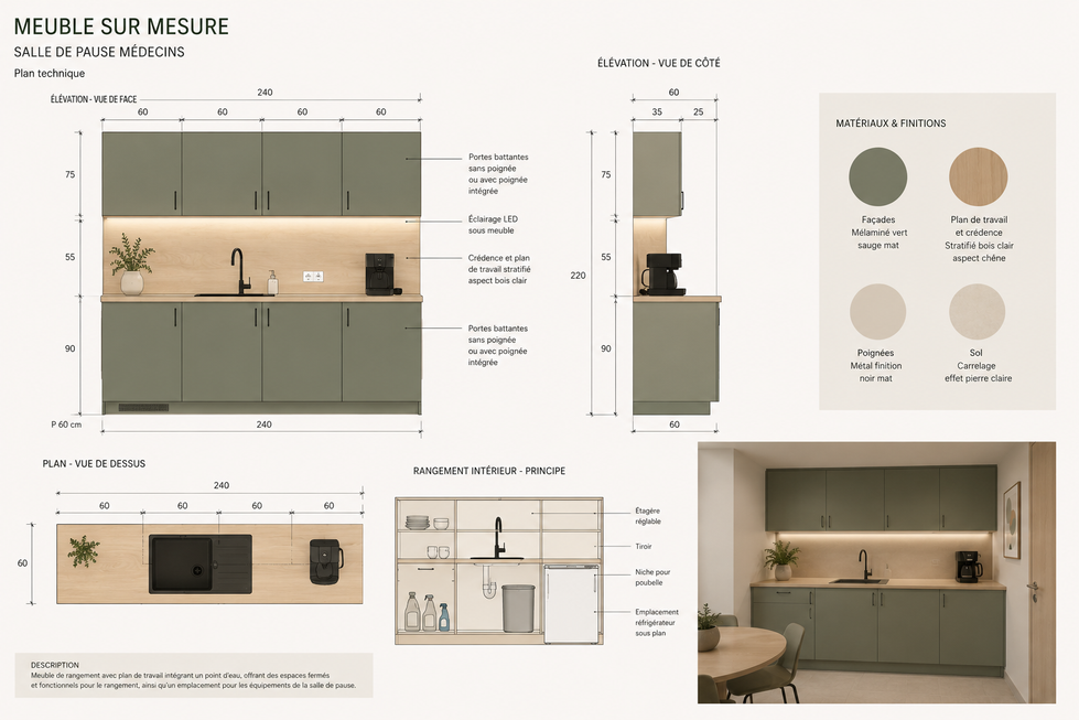 Plan technique et visuels 3D d’un meuble sur mesure pour salle de pause médicale avec rangements intégrés, plan de travail bois clair et façades vert sauge.