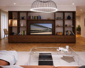 Vue frontale d’un salon moderne avec meuble central en bois sur mesure intégrant rangements et télévision, ouvert vers la salle à manger.