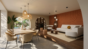 Séjour contemporain avec espace repas en bois, mur texturé terracotta, canapé blanc et grandes arches laissant entrer la lumière naturelle.