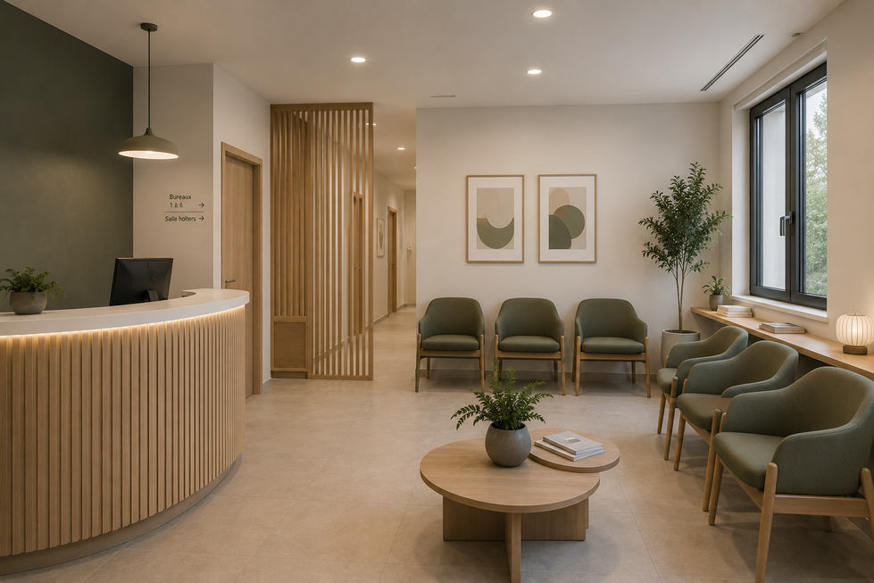 Espace d’accueil et salle d’attente d’un cabinet médical contemporain avec banque d’accueil bois, claustra, assises vert sauge et ambiance chaleureuse et apaisante.