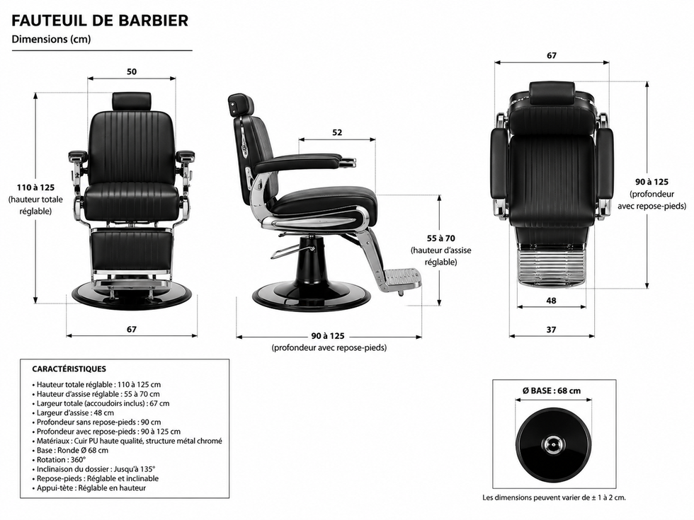 Schéma technique d’un fauteuil de barbier noir avec vues de face, profil et dessus, incluant les dimensions, hauteurs réglables et caractéristiques ergonomiques.