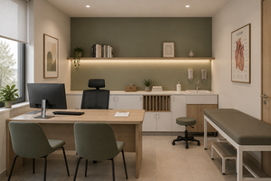 Aménagement d’un bureau de consultation médical alliant fonctionnalité, sobriété et ambiance apaisante, avec mobilier sur mesure, matériaux naturels et intégration discrète des équipements techniques.