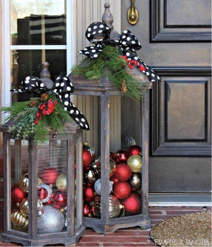 Christmas Lanterns with Red and Silver Ornaments and Greenery