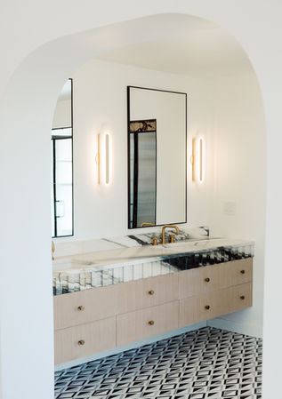 Custom floating white oak double bathroom vanity with waterfall marble top and brass hardware, Oklahoma City