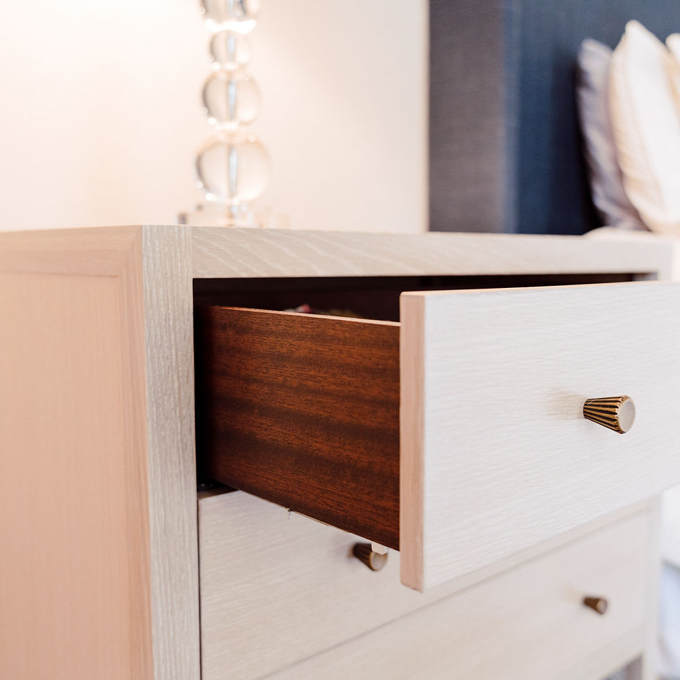 Custom white oak nightstand with antique brass knobs, handcrafted in Oklahoma City