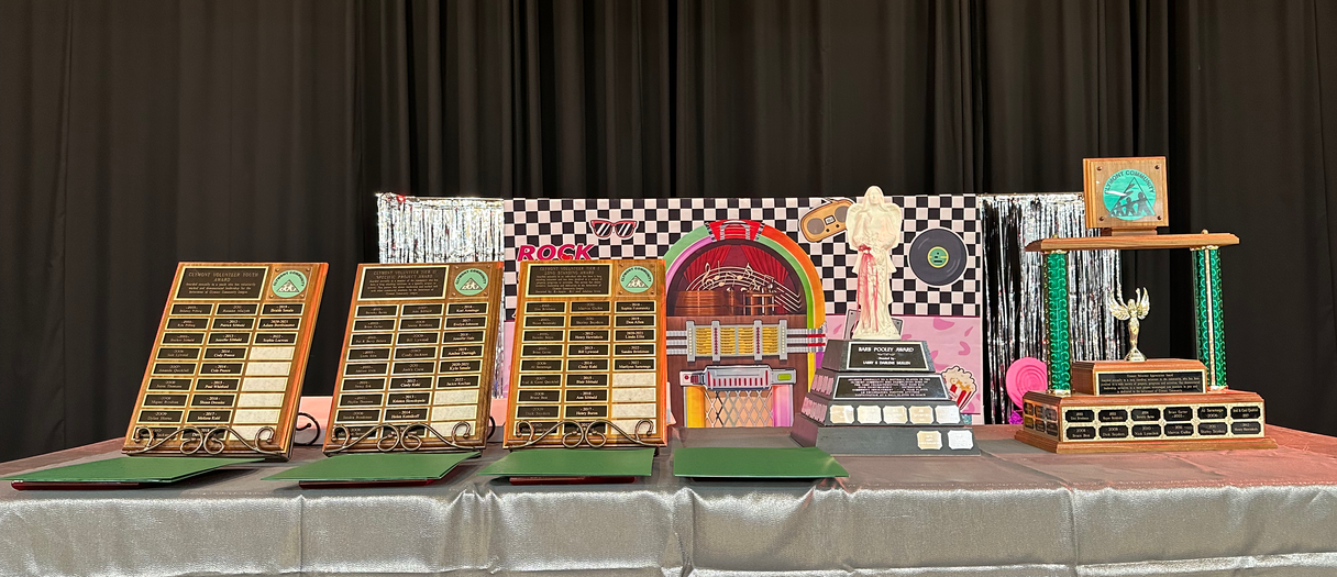 Photo of the community appreciation night awards that include plaques and trophies with recipients names and the year.