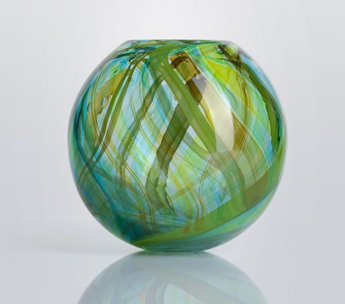 Cane based free blown sculptural form made with re-melted waste glass  22 W x  22 D x 21 H (cm)