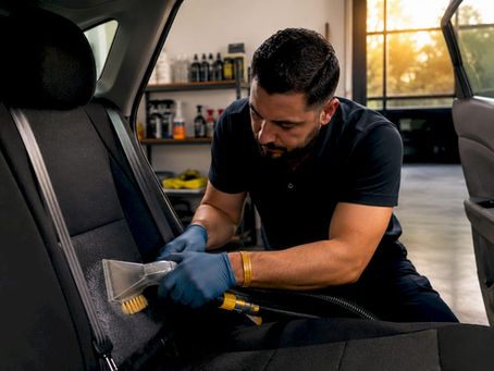 Detailer shampooing fabric car seat inside car