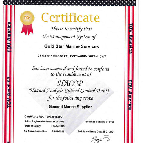HACCP Certificate - Gold Star Marine Services