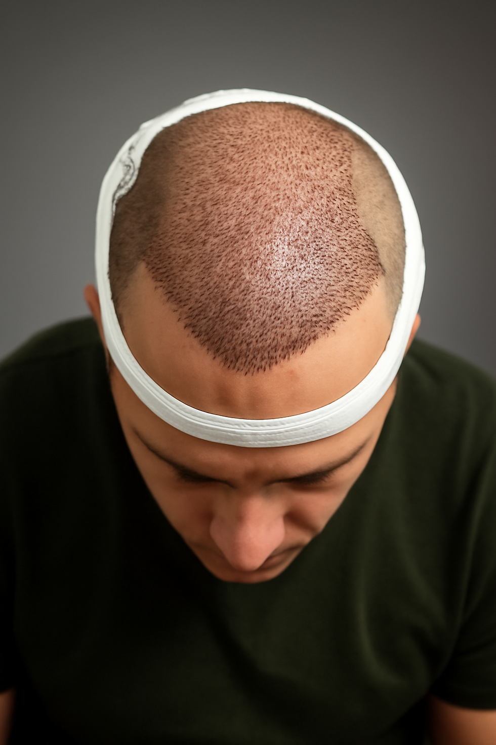 Top view of a person with a shaved head post-hair transplant, wearing a white band around the head.