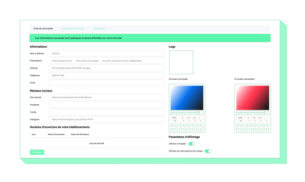 Les professionnels peuvent personnaliser l'aspect de leur module de commande, à leur image, sur le backoffice