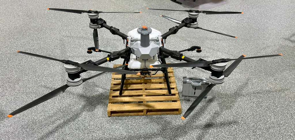 Assembled DJI Agras T100 sitting on a pallet in Northern Ohio