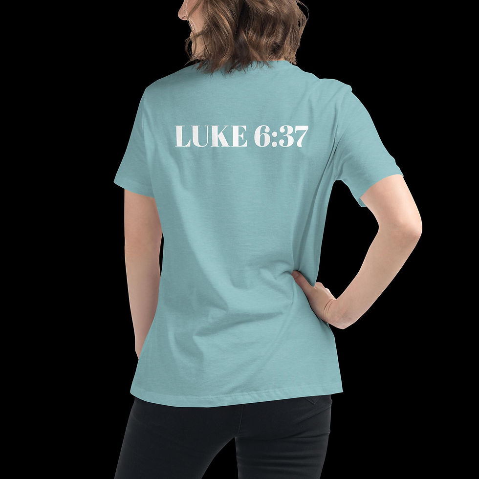 Thumbnail: back view of a Christian based t-shirt that displays Luke 6:37