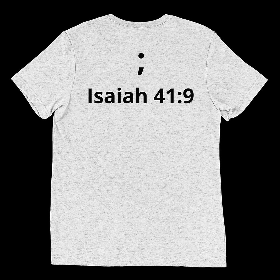 Thumbnail: Back view of a Christian t-shirt that displays a semicolon and Isaiah 41:9