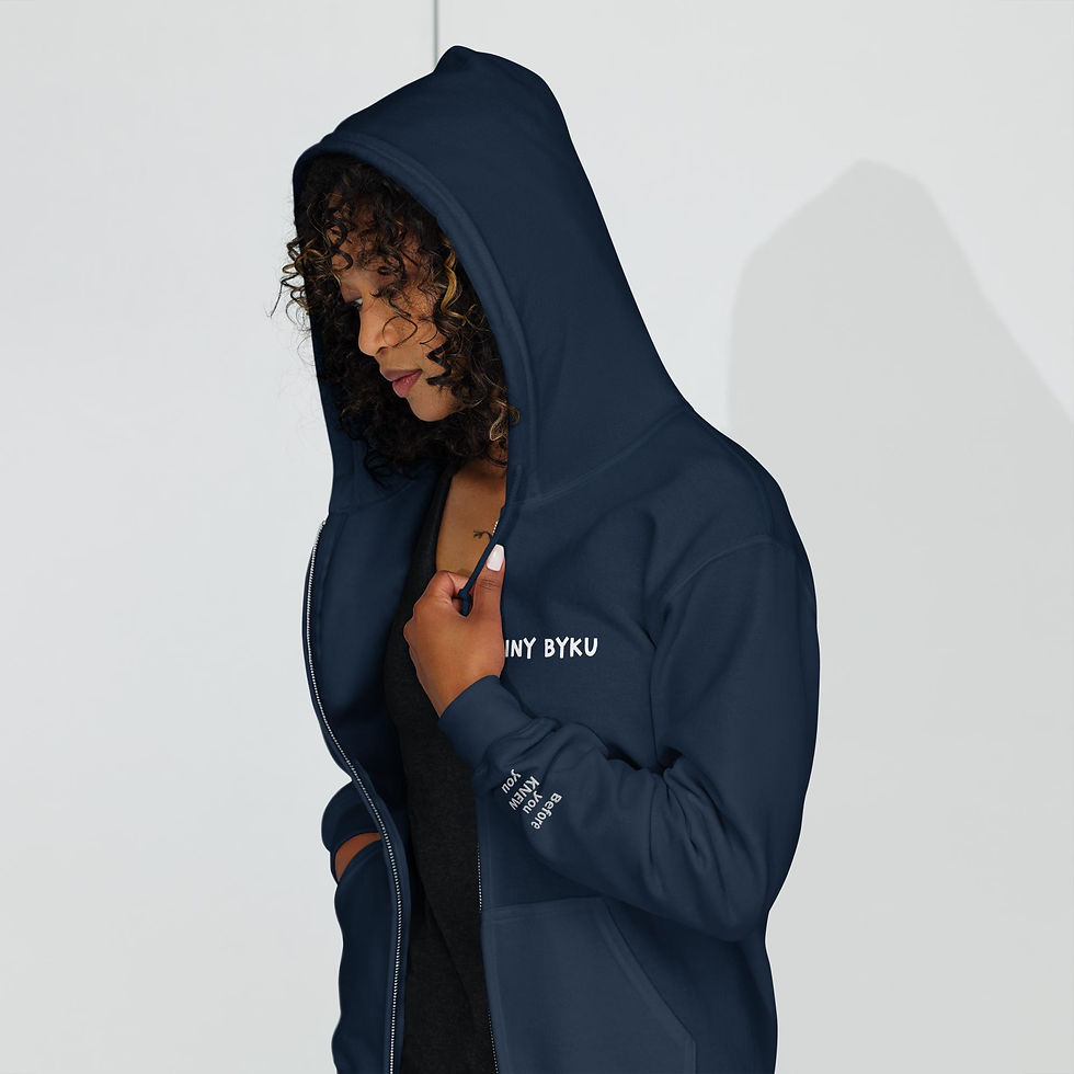 Thumbnail: Front View of Christian based Jacket with INY BYKU as the top label and the sleeves explaining what INY BYKU means