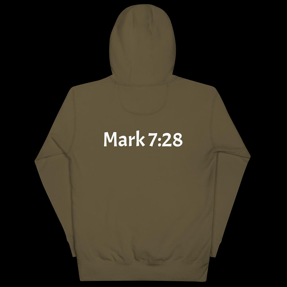 Thumbnail: Back view of a Christian inspired Hoodie that displays Mark 7:28