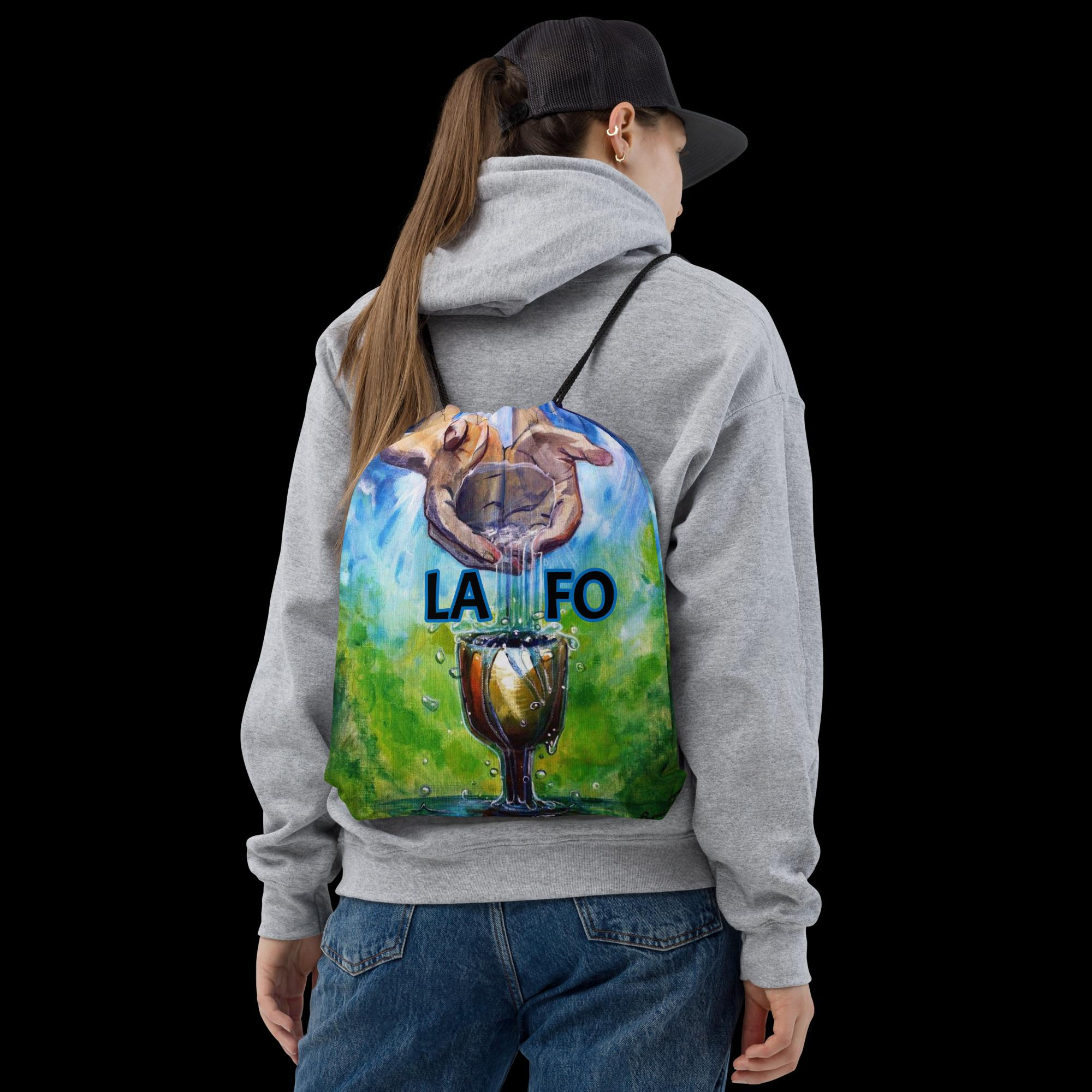 "LAFO/ Life in Abundance to the Fullest, it is Overflowing!" Drawstring bag