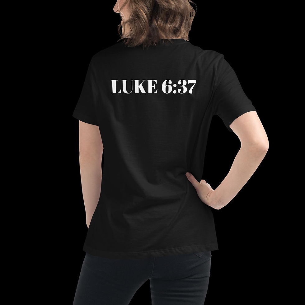 Thumbnail: back view of a Christian based t-shirt that displays Luke 6:37