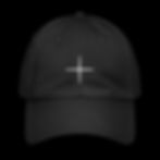 white filled cross on the front of a hat