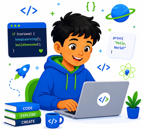 Young boy coding on a laptop for AI and technology class