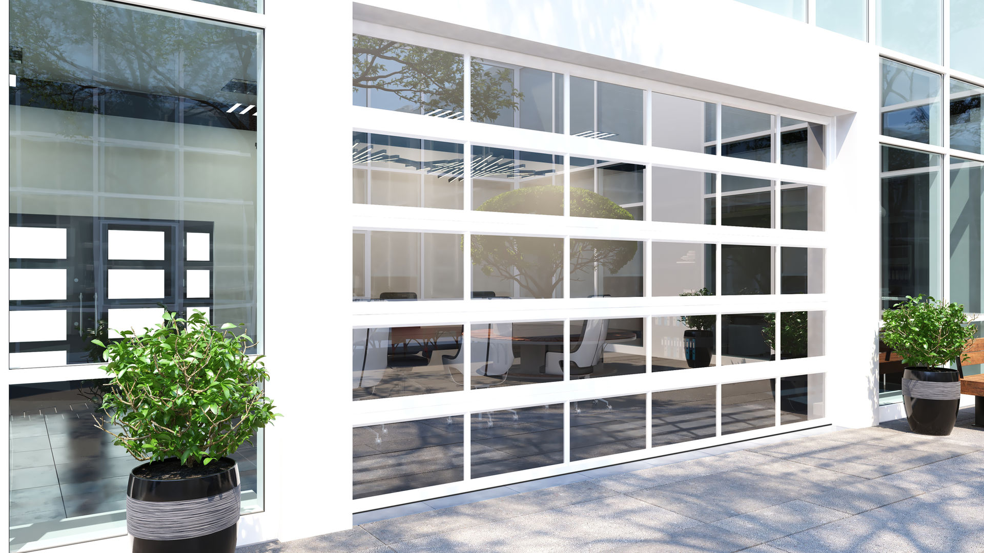 Conference room flex space with SkyStack stacking-panel system from exterior