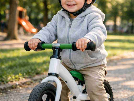 Niño con casco aprendiendo a montar bicicleta con pedales sin ruedines en un camino de parque