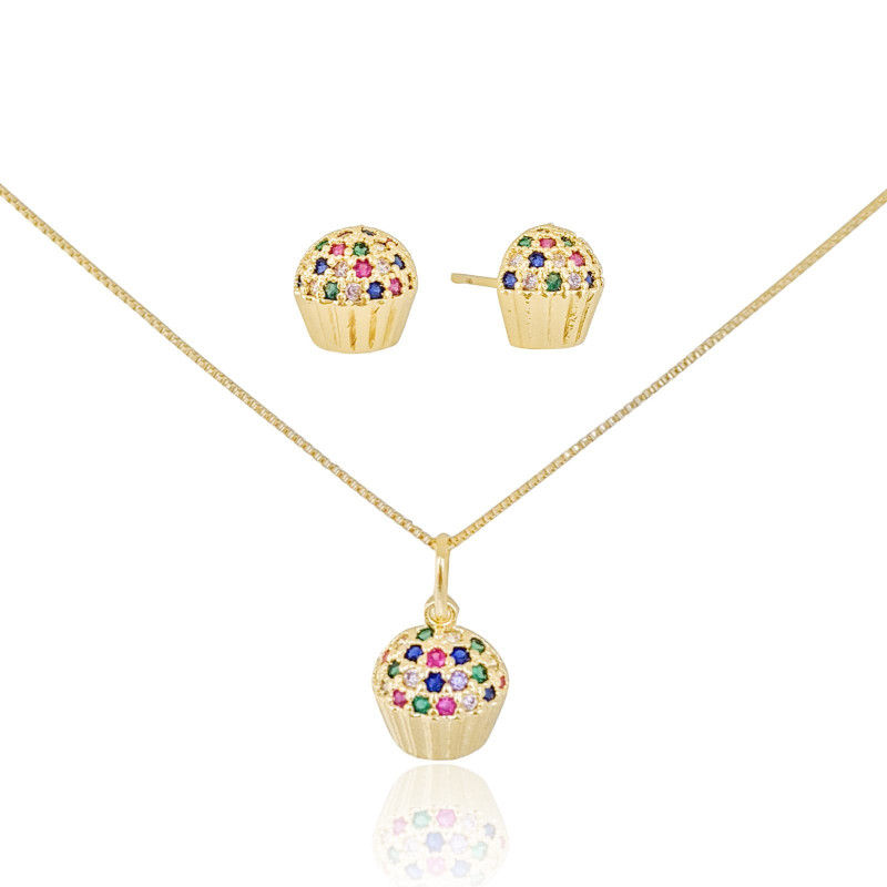 Conjunto Infantil Cupcake Cravejado Colorido Banho Dourado