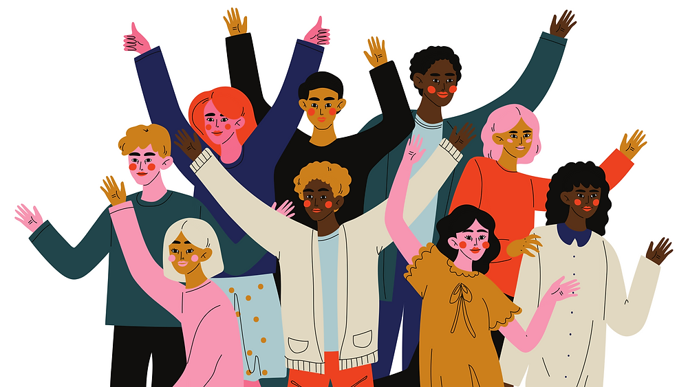 A group of people waving and giving thumbs up