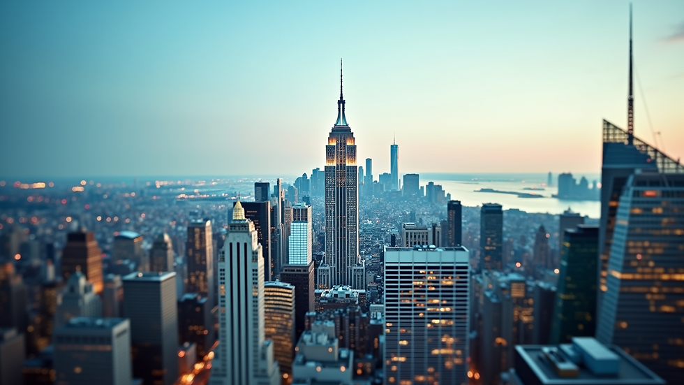 Wide angle view of a city skyline with a financial focus