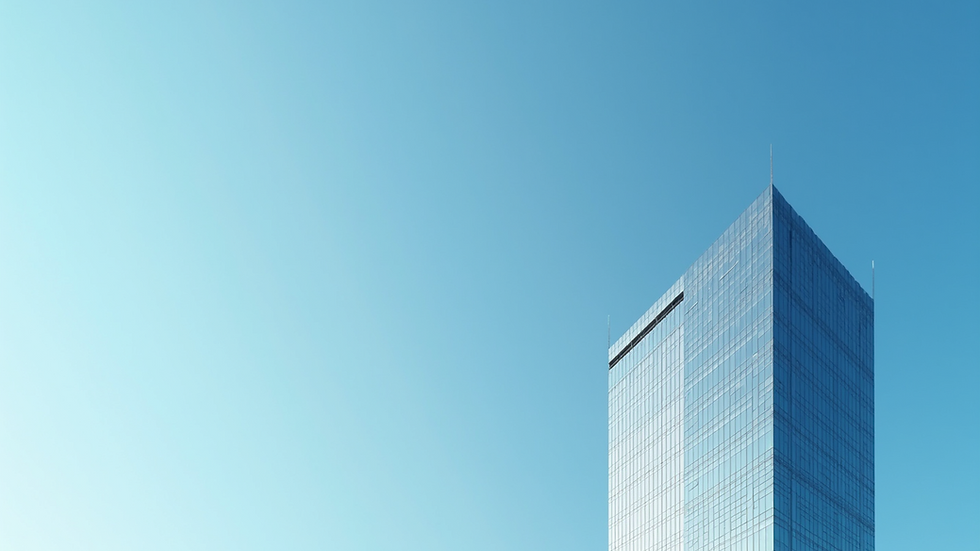 Glass skyscraper against a clear blue sky. The modern building reflects light, creating a serene and minimalist urban scene.