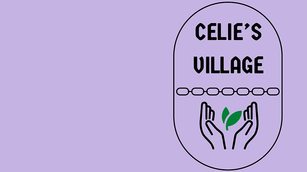Celie's Village Logo
Circle with hands in the middle and a chain. Words are Celie's Village