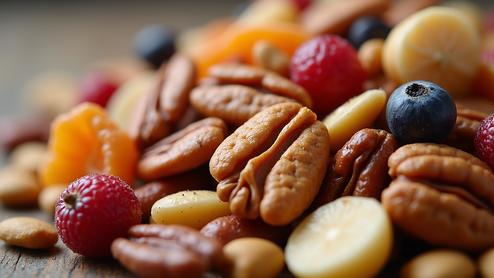 Close-up view of a colorful trail mix with nuts and dried fruits
