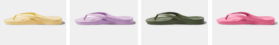 Yellow, lilac, green, and pink arch support flip flops
