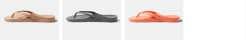 Brown, grey, and orange flip flops
