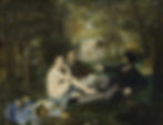 A woman without clothes has a picnic with two dandies.