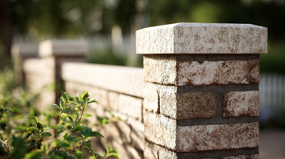 Brick fence with stone caps, surrounded by green plants. Sunlight casts soft shadows, creating a calm and peaceful atmosphere.