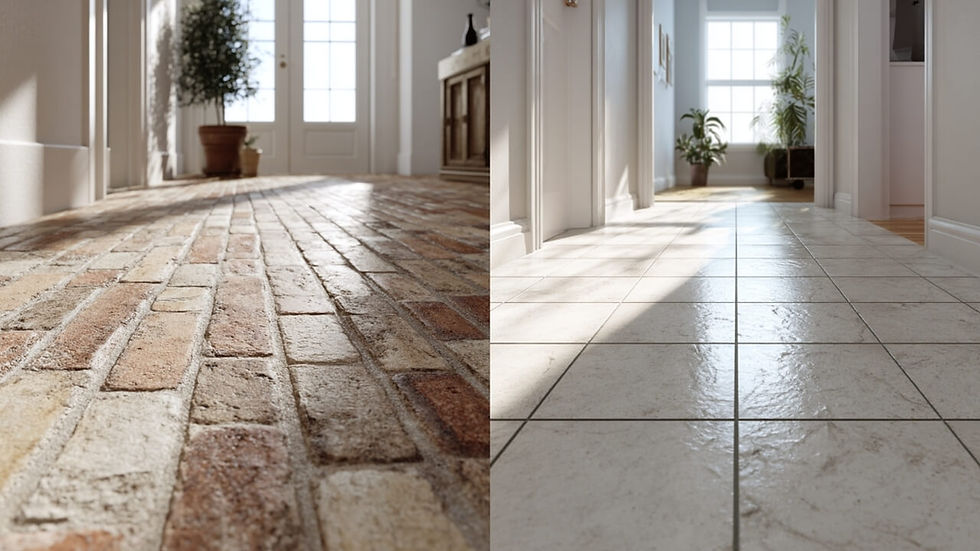 Side-by-side comparison of interior flooring showing thin brick floor on the left and porcelain tile floor on the right in a bright residential hallway