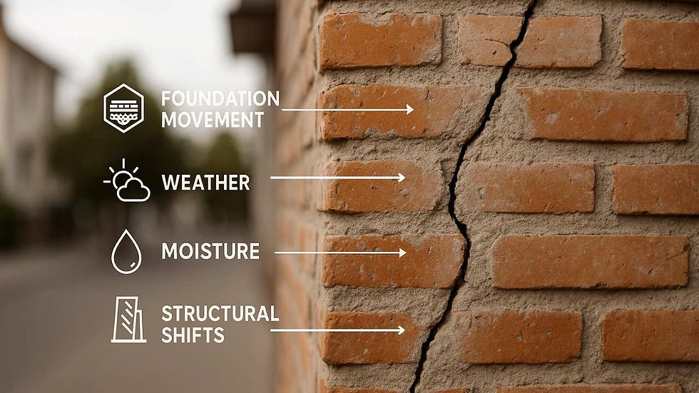 Cracked brick wall with orange bricks. Text highlights causes: foundation movement, weather, moisture, structural shifts. Outdoors.