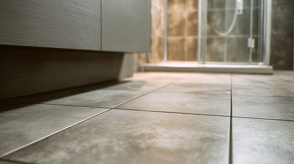 Close-up of a tiled bathroom floor with a modern shower in the background. Neutral tones create a clean, serene atmosphere.
