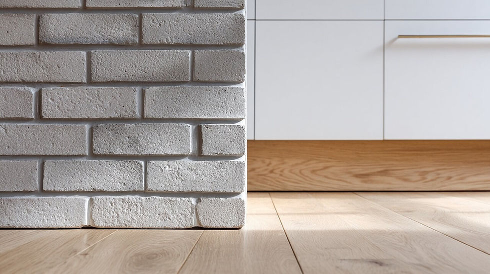 Close-up of pale grey brick wall with oak wood flooring and white kitchen cabinets
