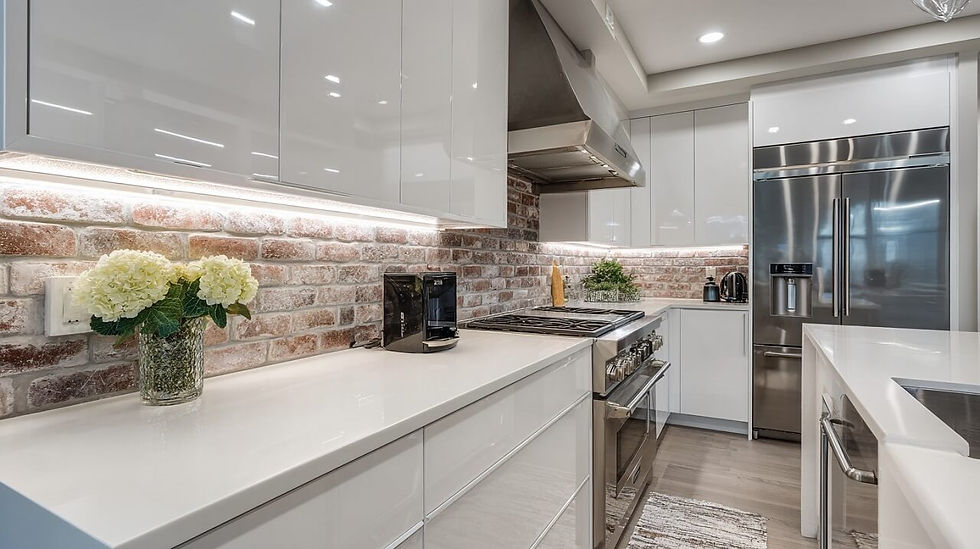 Modern kitchen with white cabinets, stainless steel fridge, and stove. Brick backsplash, vase of flowers, and soft lighting create a cozy feel.