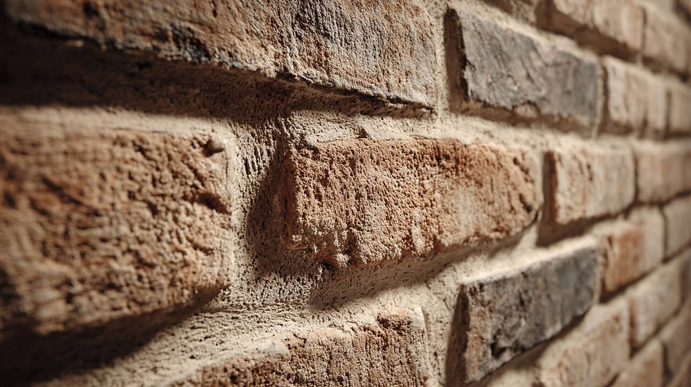 Close-up of a textured brick wall with a mix of reddish and grayish bricks. The uneven surface creates a rustic, warm feel.