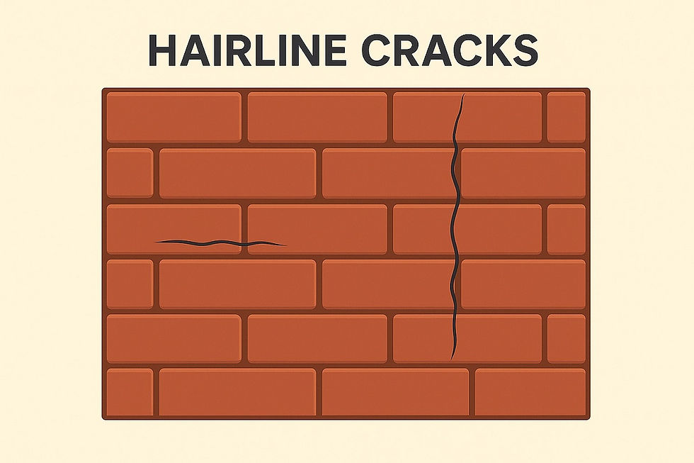 Illustration of a brick wall with two visible hairline cracks and the text "HAIRLINE CRACKS" above. Background is a light cream color.