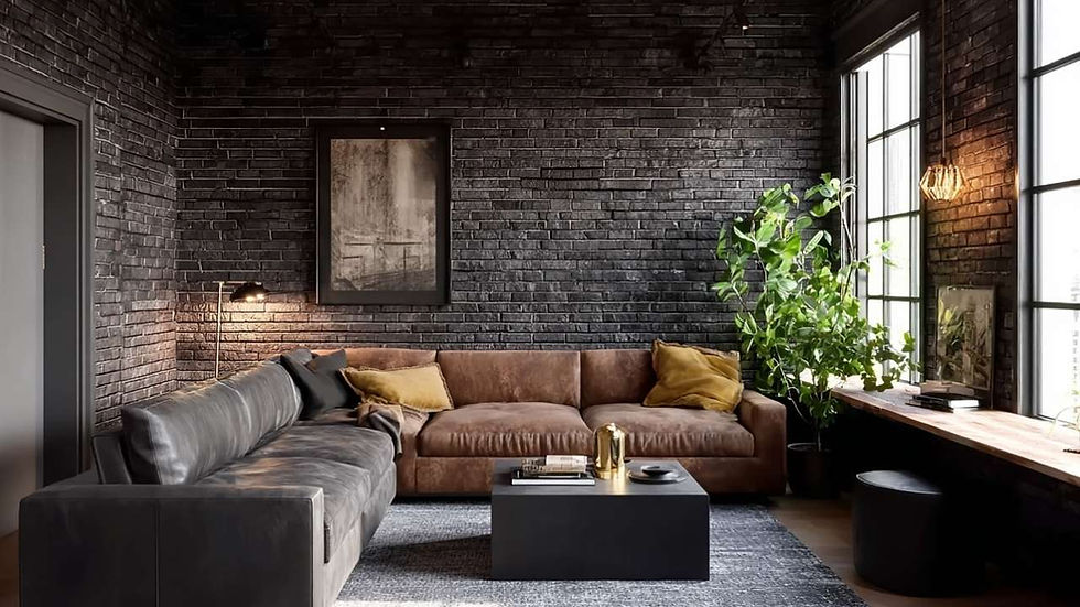 Modern loft-style living room with Georgetown Charred Black thin brick walls, large windows, leather sofas, and industrial lighting