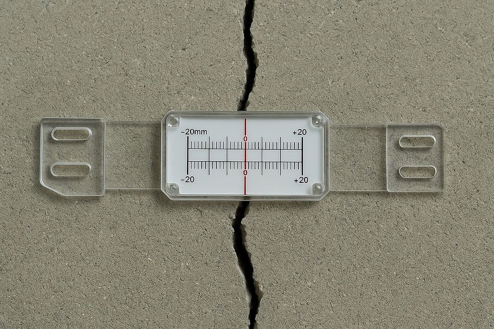 Crack monitor with a ruler is placed over a visible crack in a concrete wall. Measurements range from -20mm to +20mm.