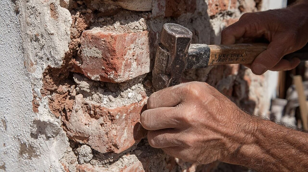 Hands using a hammer to chisel old mortar between red bricks on a wall. Sunlit scene, with debris and rough textures visible.