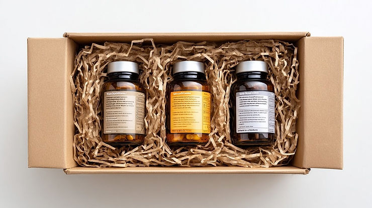 Three brown pill bottles with labels in a cardboard box, nestled in crinkled paper. White background. Packaging conveys a clean, organized look.